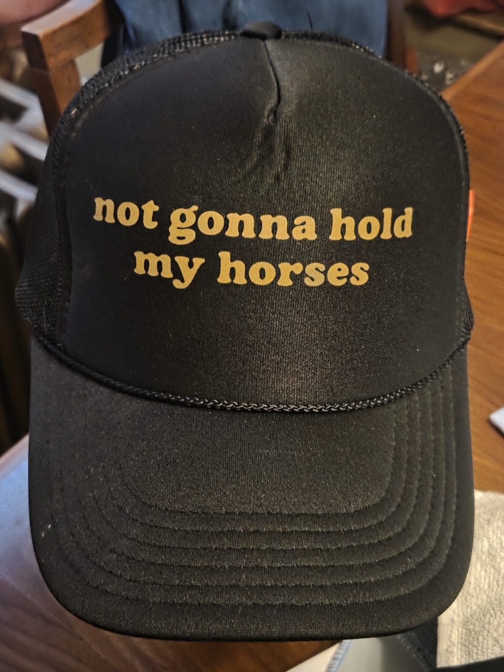 Trucker Hat with Gold 'not gonna hold my horses'